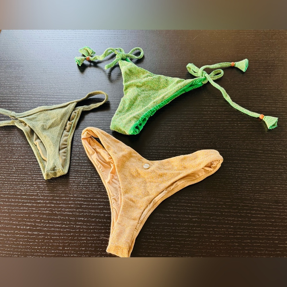 Sparkly Bikini 2 Green shades and one gold tan.